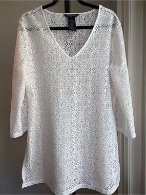 Mario Serrani White Lace Swim Cover Up Large Resort Beachwear Coastal Vacation